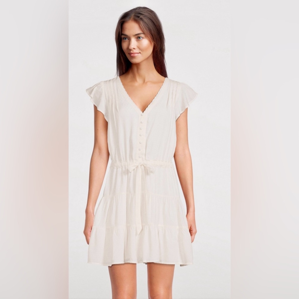 Paige Rosalee Drawstring Mini Dress w Flutter Sleeves & Scalloped V-neck